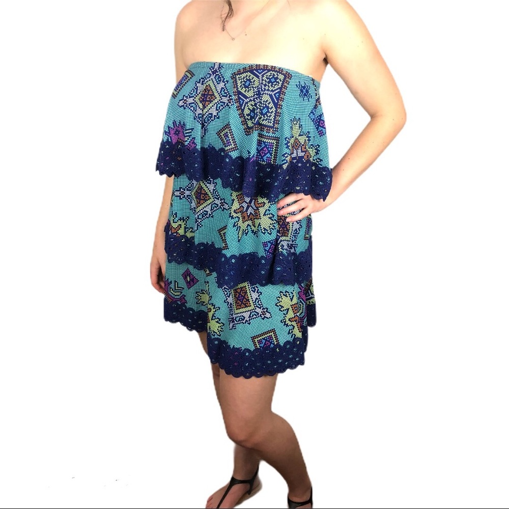 Judith March Boho Chic Tiered Layer Strapless Tube Dress Blue Lace Trim